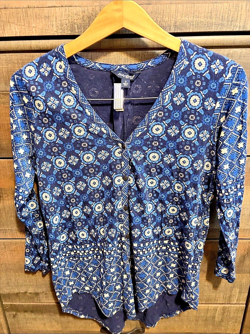 Lucky Brand Printed Long Sleeve Blouse in Blue & Yellow Size Small
